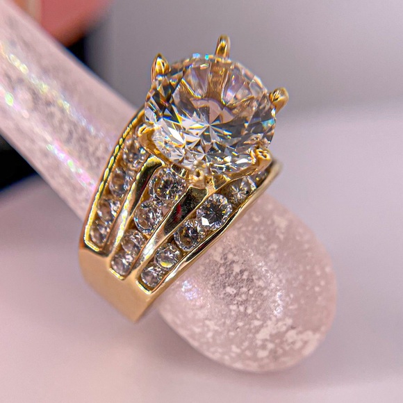 Gold Tone Round Cute Cubic Zirconia with Rows Stones Beneath Ring - Picture 4 of 8